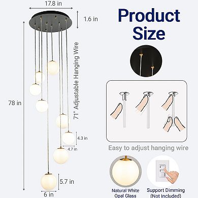 18'' 8-Light Modern White Opal Glass Staircase Chandelier Globe Bubble Glass Pendant In Matte Black
