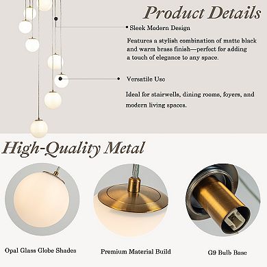 18'' 8-Light Modern White Opal Glass Staircase Chandelier Globe Bubble Glass Pendant In Matte Black