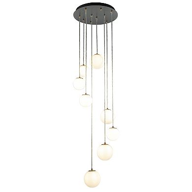 18'' 8-Light Modern White Opal Glass Staircase Chandelier Globe Bubble Glass Pendant In Matte Black
