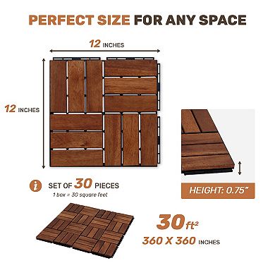 WOW PIONEER Interlocking Acacia Wood Deck Tiles 30 Piece Checker Pattern Outdoor Flooring Set
