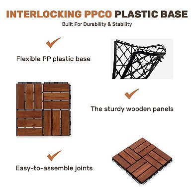 WOW PIONEER Interlocking Acacia Wood Deck Tiles 30 Piece Checker Pattern Outdoor Flooring Set