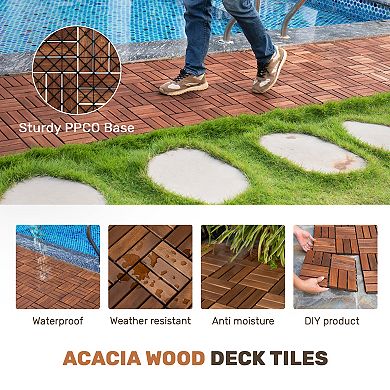 WOW PIONEER Interlocking Acacia Wood Deck Tiles 30 Piece Checker Pattern Outdoor Flooring Set