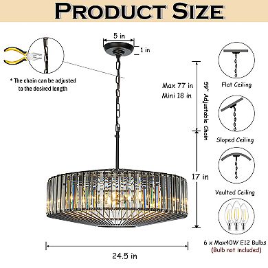 24'' Unique Modern Crystal Chandelier 6-Light Luxury Matte Black Pendant with Clear Crystal