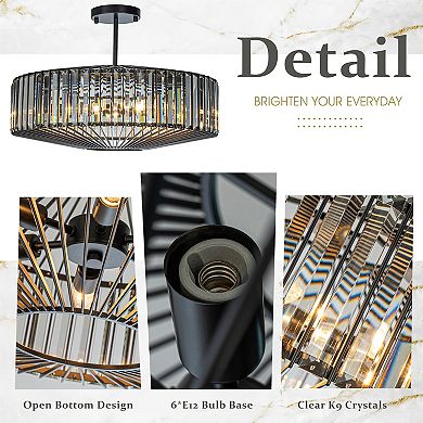 24'' Unique Modern Crystal Chandelier 6-Light Luxury Matte Black Pendant with Clear Crystal