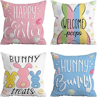 Easter Bunny Pillow Covers 18x18 Set of 4, Blue Pink Buffalo Plaid