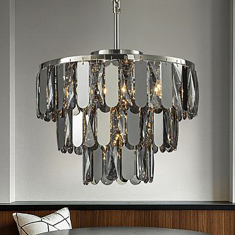4-Light Dimmable Modern 3 tier Smoked Crystal Chandelier 14" Contemporary Round Polished Nickel Pend