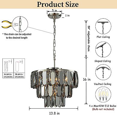 Modern 3-Tier Smoked Crystal Chandelier 14" Contemporary Round Polished Nickel Pendant Light