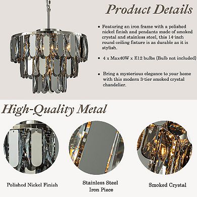 Modern 3-Tier Smoked Crystal Chandelier 14" Contemporary Round Polished Nickel Pendant Light