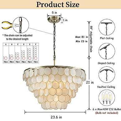 5-Light 24'' Wide Modern Coastal Aged Bronze Natural Capiz Shell Tiered Glam Chandelier