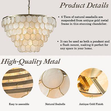 5-Light 24'' Wide Modern Coastal Aged Bronze Natural Capiz Shell Tiered Glam Chandelier