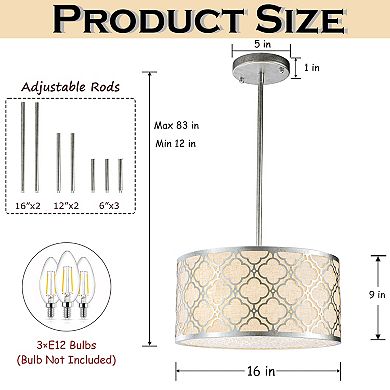 3 Light 16" Modern Classic Linen Drum Matte Vintage Silver Chandelier for Dining Room, Bedroom