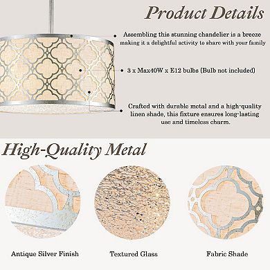 3 Light 16" Modern Classic Linen Drum Matte Vintage Silver Chandelier for Dining Room, Bedroom