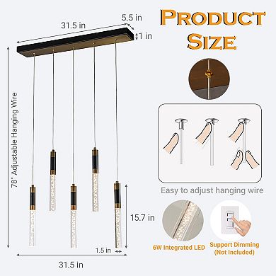 31'' Modern Linear 5-Light Seeded Bubble Glass Integrated LED Chandelier Dimmable Pendant Light In M