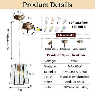 9" Minimalist Angled Ceiling Lantern Brown Glass Chandelier 1-Light Rustic Modern Pendant Light