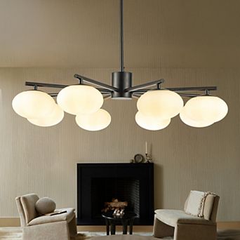 8-Light 32'' Matte Black Mid Century Modern Opal Glass Chandelier Classic Globe Pendant Light For Di
