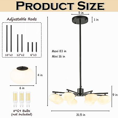 8-Light 32'' Matte Black Mid Century Modern Opal Glass Chandelier Classic Globe Pendant Light
