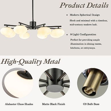 8-Light 32'' Matte Black Mid Century Modern Opal Glass Chandelier Classic Globe Pendant Light