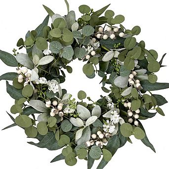 20 Inch Eucalyptus Wreath with Berries for Front Door, Green Farmhouse Decor