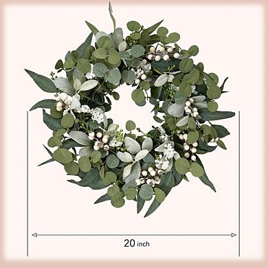 20 Inch Eucalyptus Wreath with Berries for Front Door, Green Farmhouse Decor