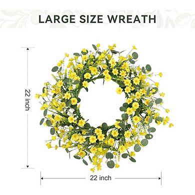 22 Inch Yellow Daisy Eucalyptus Wreath for Front Door Spring Decor