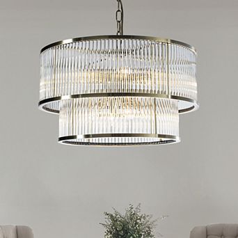 21'' Wide Modern Glam Antique Bronze 10-Light 2 tier Glass Drum Chandelier Contemporary Hanging