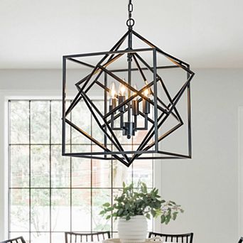 4- Light Matte Black Geometric Chandelier Modern Lighting Fixture Metal Caged Industrial Pendant