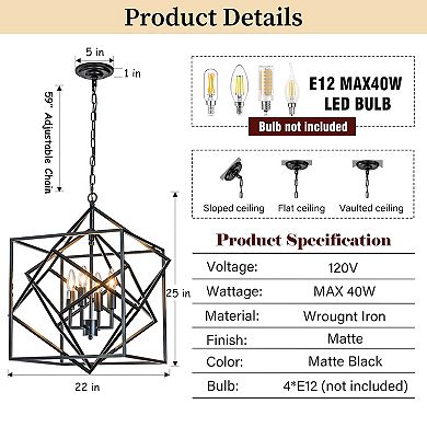 4- Light Matte Black Geometric Chandelier Modern Lighting Fixture Metal Caged Industrial Pendant