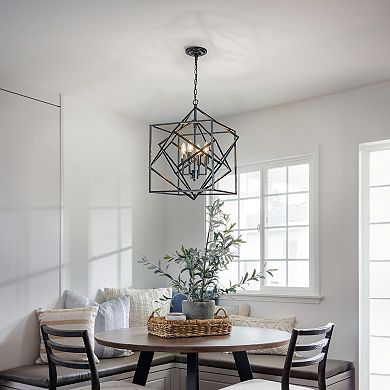 4- Light Matte Black Geometric Chandelier Modern Lighting Fixture Metal Caged Industrial Pendant