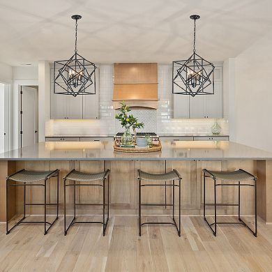 4- Light Matte Black Geometric Chandelier Modern Lighting Fixture Metal Caged Industrial Pendant
