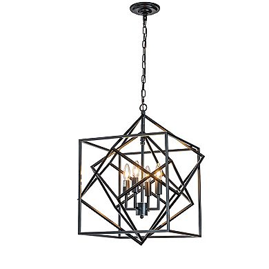 4- Light Matte Black Geometric Chandelier Modern Lighting Fixture Metal Caged Industrial Pendant