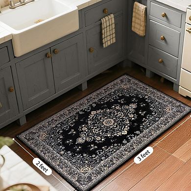 2x3 Black Low-Pile Washable Rug, Non-Slip for Bedroom or Entryway