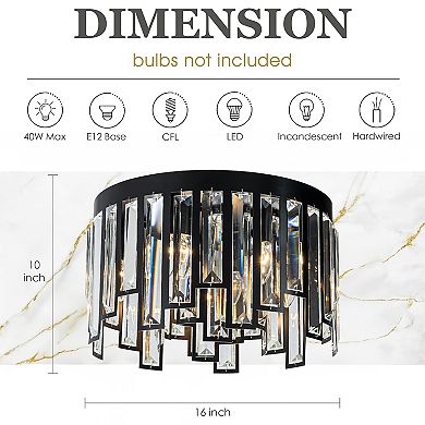 6 Lights Flush Mount Chandelier 16" Matte Black Modern Dimmable Round Ceiling Lamp With Crystal Acce