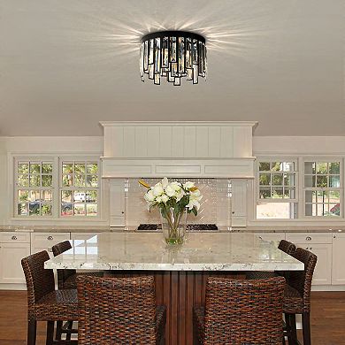 6 Lights Flush Mount Chandelier 16" Matte Black Modern Dimmable Round Ceiling Lamp With Crystal Acce