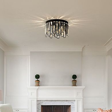 6 Lights Flush Mount Chandelier 16" Matte Black Modern Dimmable Round Ceiling Lamp With Crystal Acce