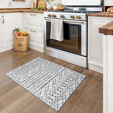 2x3 Grey Moroccan Boho Rug Non-Slip, Washable, Ultra-Soft Low-Pile Indoor Mat