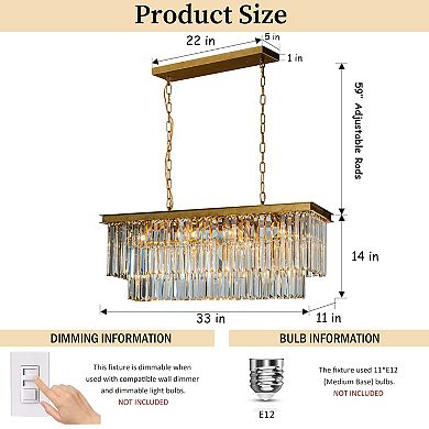 33 in. 11-Light Modern Luxury Rectangle Fringe Crystal Chandelier in Antique Gold Adjustable Height