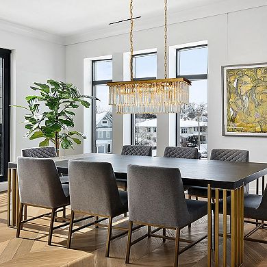 33 in. 11-Light Modern Luxury Rectangle Fringe Crystal Chandelier in Antique Gold Adjustable Height