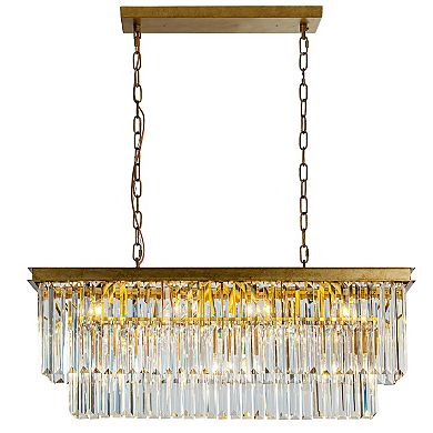 33 in. 11-Light Modern Luxury Rectangle Fringe Crystal Chandelier in Antique Gold Adjustable Height