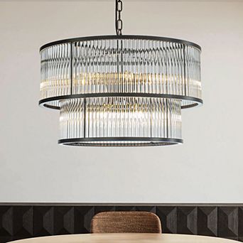 21'' Wide Modern Glam Black 10-Light 2 tier Glass Drum Chandelier Contemporary Hanging Light For Liv