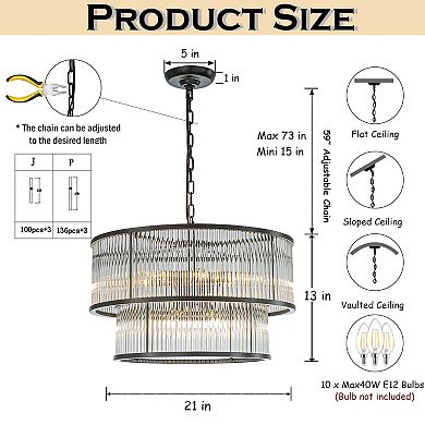 21'' Wide Modern Glam Black 10-Light 2-Tier Glass Drum Chandelier Contemporary Hanging Light