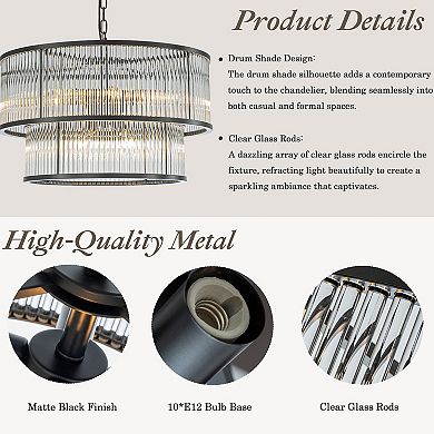 21'' Wide Modern Glam Black 10-Light 2-Tier Glass Drum Chandelier Contemporary Hanging Light