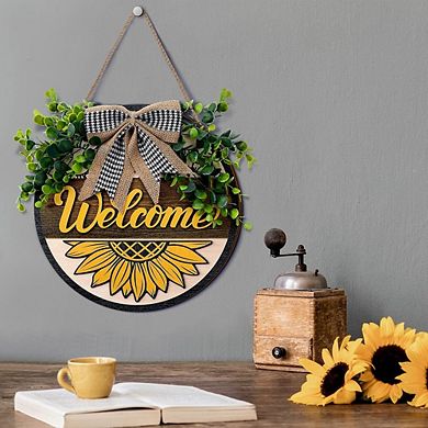 Christmas 3D Sunflower Welcome Door Sign with Buffalo Bow, 12 Inch