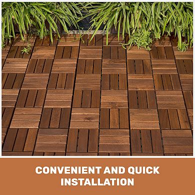 WOW PIONEER Acacia Wood Interlocking Deck Tiles Checker Pattern 10 Piece Square Outdoor Flooring