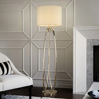 62'' Elegant Modern Polished Nickel Metal Floor Lamp With Ivory Fabric Drum Shade For Living Room Di