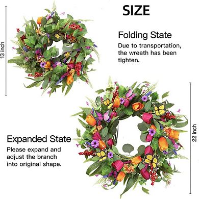 22" Tulip & Eucalyptus Wreath for Front Door, Farmhouse & Outdoor Decor