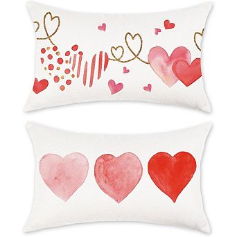Valentine Pillow Covers 12x20 Set of 2 Red & Pink Heart Cushion Cases
