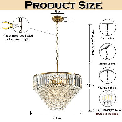 5 Lights 20" Modern Glam Antique Gold Crystal Tiered Chandelier Luxury Ceiling Light