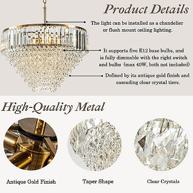 5 Lights 20" Modern Glam Antique Gold Crystal Tiered Chandelier Luxury Ceiling Light