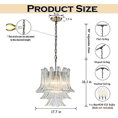 18'' Wide Mid-Century Modern Chandelier 4-Light 3-Tier Clear Art Glass Pendant Light