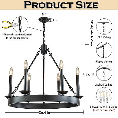 26'' Modern Farmhouse Black Candelabra Chandelier Round Rustic Industrial Candle Pendant Light